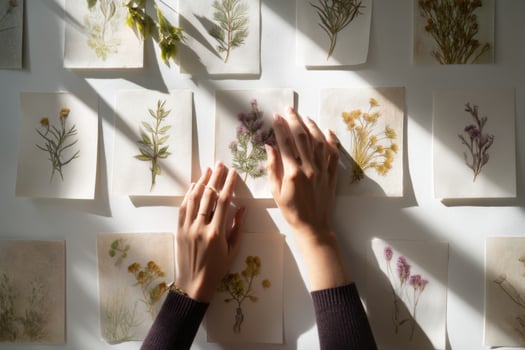 Botanist arranging pressed flowers specimens on white wall photo