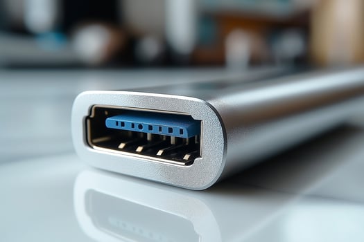 Close-up of a sleek silver USB hub, showcasing the blue USB ports with a modern, minimalistic design. photo