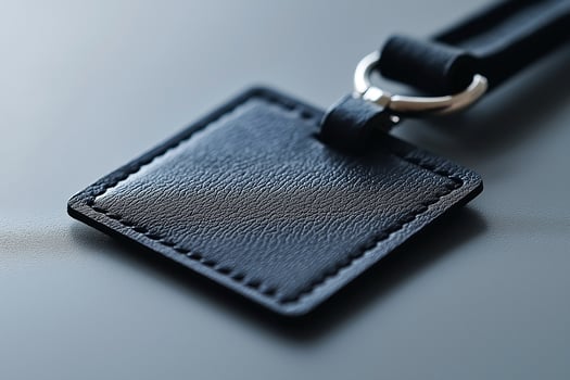 Close-up of a sleek black leather tag, perfect for brand labels or personal use, showcasing elegant craftsmanship. photo
