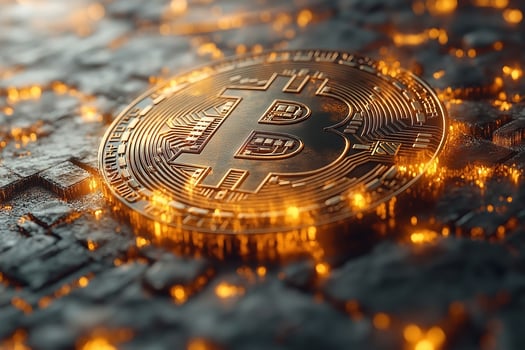 A close-up of a Bitcoin on a textured surface illuminated by warm, glowing lights, symbolizing digital currency and modern finance. photo