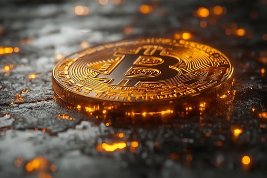 A close-up view of a glimmering Bitcoin coin with a textured surface, set against a fiery, illuminated background. photo