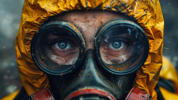 Woman in a yellow suit with goggles on her face photo