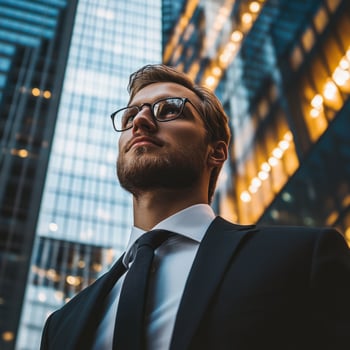 Businessman looking up at skyscrapers in the city photo