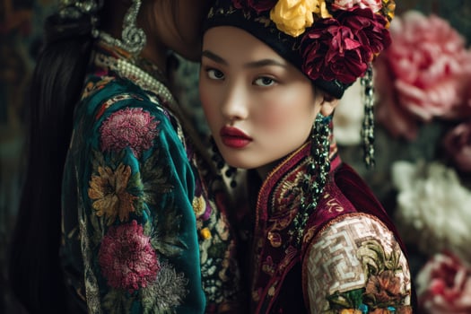 Fashion model wearing traditional chinese dress with floral decorations and makeup photo