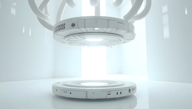 Photorealistic 3D podium rendering of a futuristic and sterile white laboratory photo