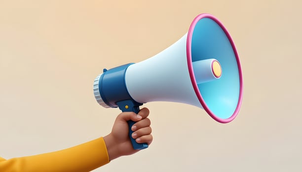 A vibrant and cheerful 3D cartoon rendering of a stylized arm and hand holding a megaphone against a pure cream backgroun photo