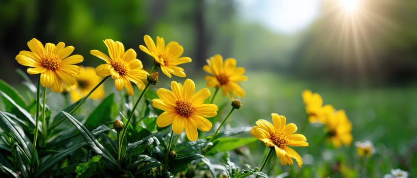 Vibrant Yellow Wildflowers Blooming in a Meadow Background with Copyspace Nature Scene photo