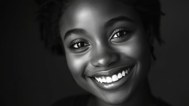 A Radiant Black and White Portrait of a Smiling Young Woman photo