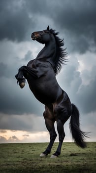 Dramatic black stallion rearing up against a stormy sky at sunset photo