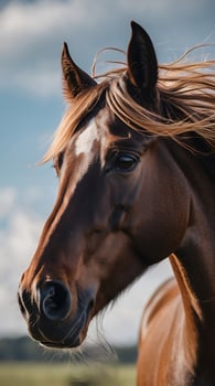 Closeup of a horse's mane flowing in the wind against a cloudy blue sky photo