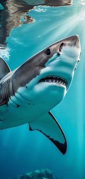 Underwater encounter with a great white shark in crystal clear ocean water photo