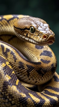 Close up view of a strikingly patterned snake in natural habitat showcasing vivid colors photo