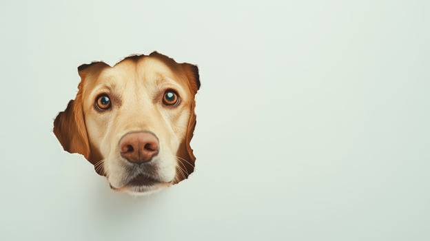A curious dog peers through a broken hole in a wall, displaying its expressive eyes and inquisitive nature in a playful moment captured indoors photo