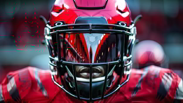 Football player wearing a red helmet with a black visor photo