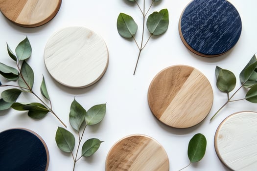 Stylish round wooden coasters in various colors surround fresh green leaves, enhancing the decor photo