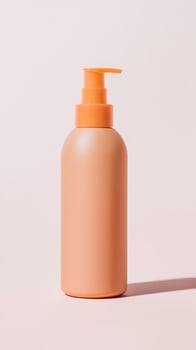 A sleek pump bottle in a soft peach tone is centered against a light background, showcasing a minimalistic design suitable for beauty products photo