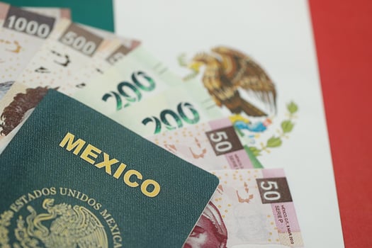 Mexican money in big amount and passport lies on Mexico flag photo