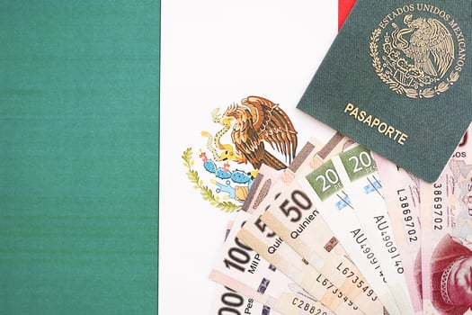 Mexican money and passport lies on Mexico flag photo
