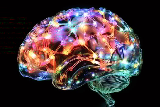 Glass brain model showing illuminated neural network on black background photo