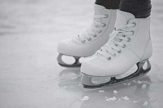 Ice skates standing on frozen lake in black and white photo