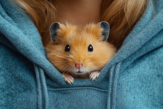 Small golden hamster peeks out from blue hooded sweatshirt. Adorable rodent looks forward. Close up view of furry pet with small paws. photo