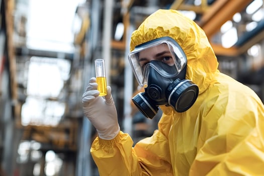 Scientist wearing hazmat suit and gas mask holding test tube with yellow liquid photo