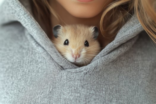 Small hamster looking out of a gray hoodie pocket. Cute rodent with brown fur, close up portrait. Animal pet posing indoors. photo