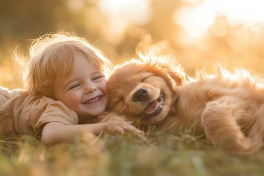 Happy child lies with golden puppy on green grass. Sunny outdoor light shines on smiling kid and dog. Friendship and love concept. photo