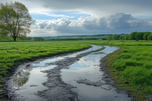 Rural path filled with water reflecting the sky in a green field with a tree and distant forest under a cloudy sky. photo