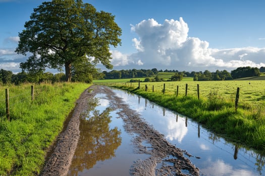 Muddy rural path after rain. Water reflects the cloudy sky. Green meadow and field. Tree stands near the path in countryside. photo