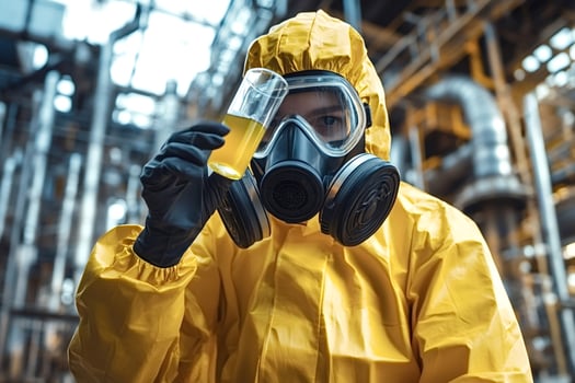 Scientist wearing hazmat suit and gas mask analyzing sample in industrial area photo