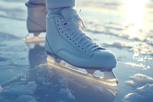 Figure skater wearing white ice skates standing on frozen lake at sunset photo