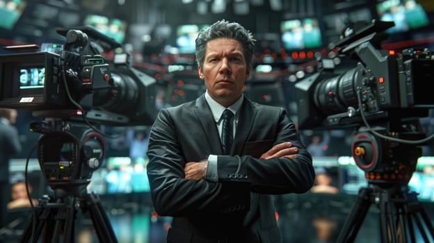 A man in a suit standing in front of cameras photo