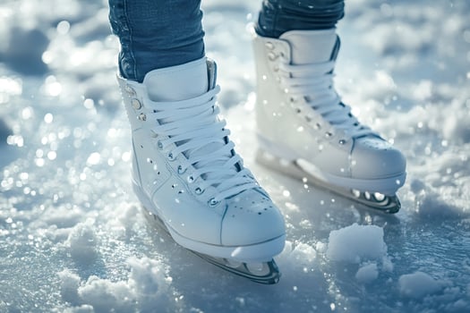 Woman wearing ice skates standing on frozen lake surface covered with snow photo