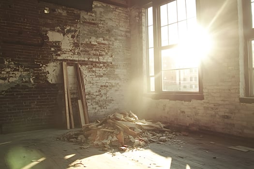 Sunlight illuminating debris pile in abandoned building photo