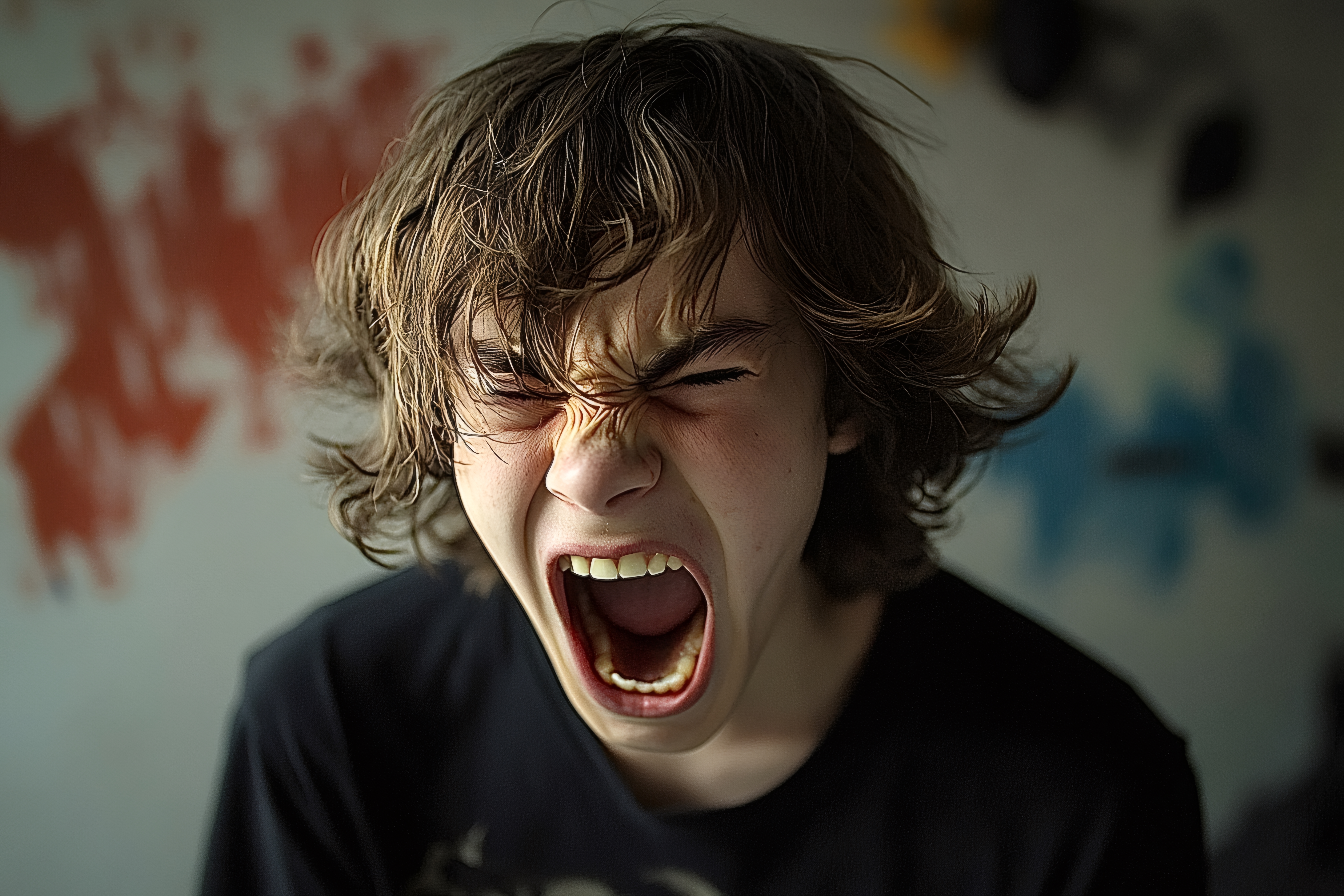 Teenager screaming showing emotions of anger and frustration photo