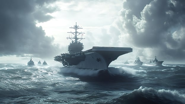 Aircraft carrier and escort ships sailing in rough seas during a military operat photo
