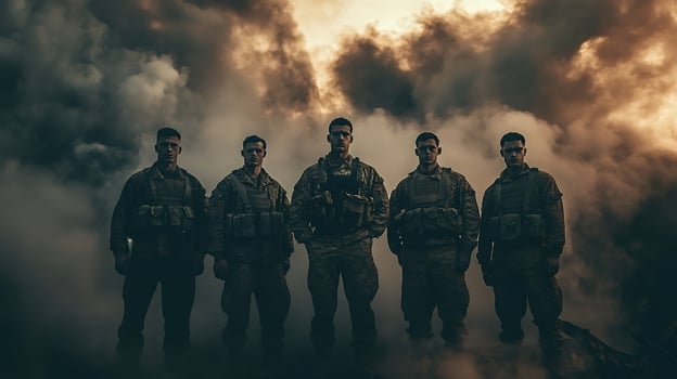 Soldiers standing together on battlefield under dramatic sky photo