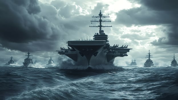 Aircraft carrier and escort ships sailing in rough seas under stormy sky photo