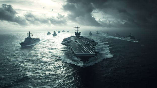 Aircraft carrier and warships sailing in formation under dramatic sky photo