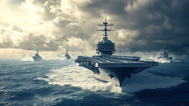 Aircraft carrier and destroyers sailing in formation under dramatic sky photo