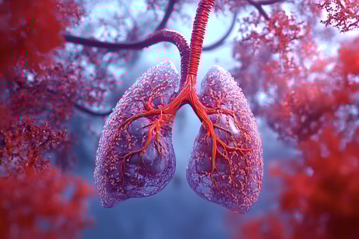 Human lungs showing bronchial tree and alveoli covered with pink virus photo