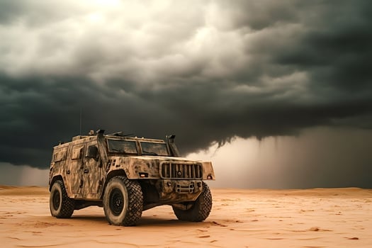 Military vehicle parked in desert under storm clouds photo