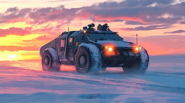Military vehicle driving on snowy terrain at sunset photo