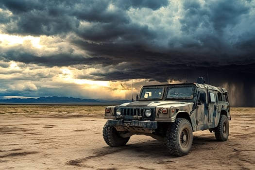 Military humvee parked in desert awaiting approaching storm photo