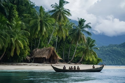 Natives sailing traditional pirogue near tropical island coastline with palm photo
