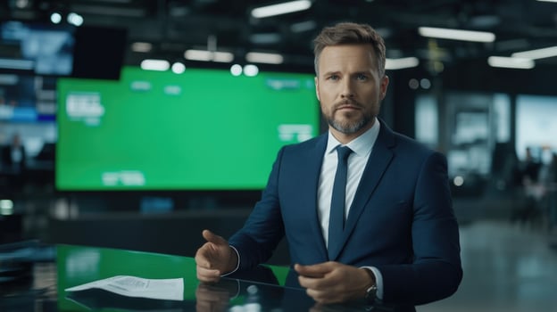 A man in a suit is sitting at a desk in front of a green screen photo