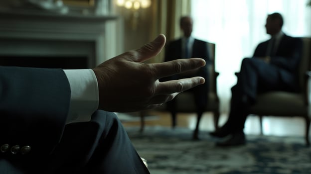 The diplomat gestures subtly with one hand extended emphasizing a point during a discussion. The camera captures the luxurious textures of the chairs and the distant silhouettes o photo