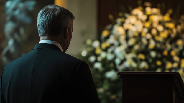 Leaning slightly forward with an intent gaze a diplomat listens carefully to an unseen counterpart the blurred elements of a ceremonial setting such as a podium and floral arrangement photo