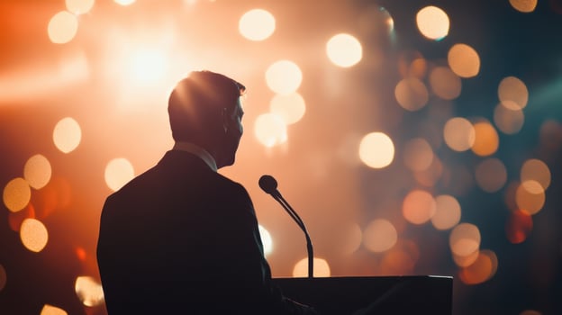 Politician giving speech at press conference with blurred lights photo